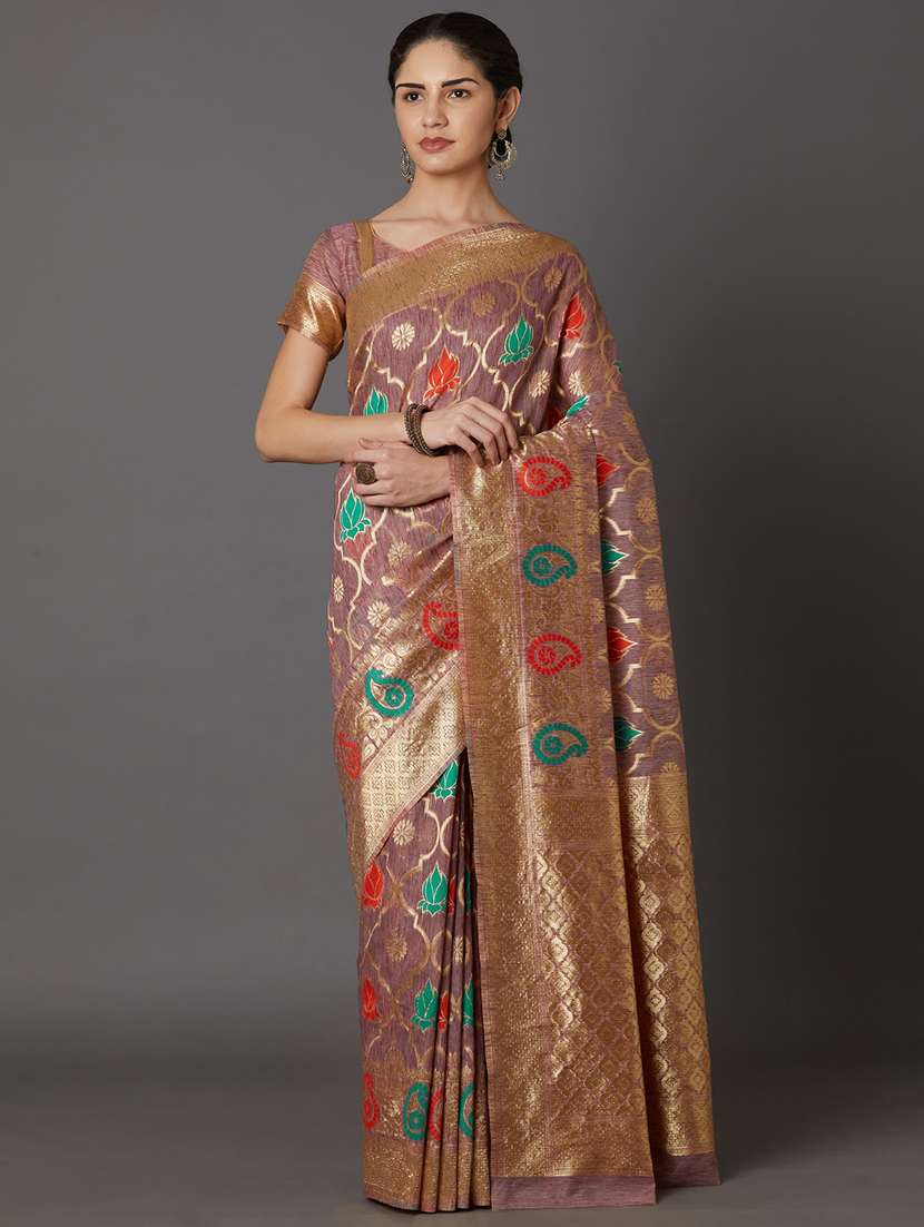 women's self design peach colored saree