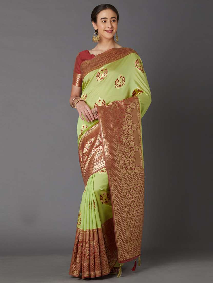 green cotton blend banarasi saree