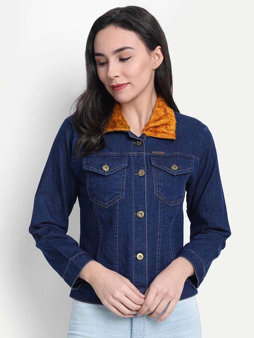 Buy online Faux Fur Collar Denim Jacket 