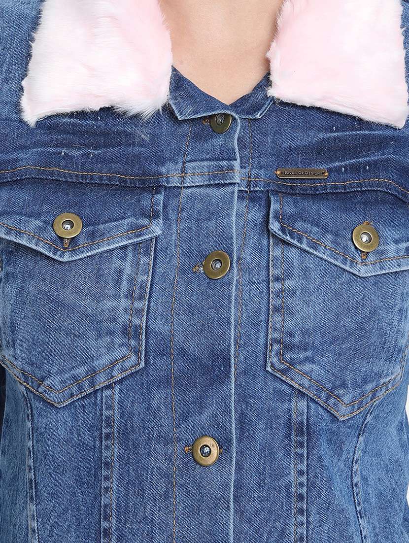 Buy online Faux Fur Collar Denim Jacket 