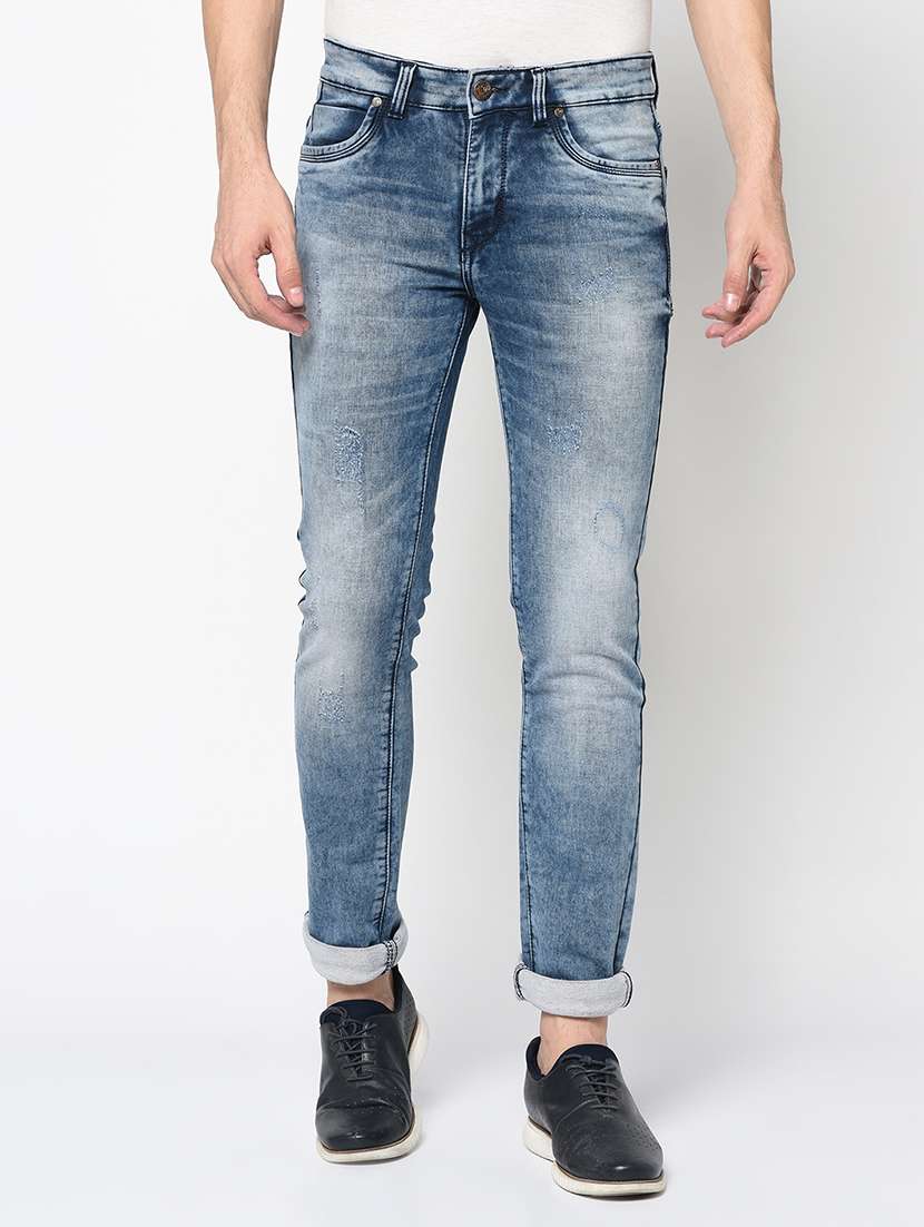 Buy online Blue Heavy Washed Ripped Denim Jeans from Clothing for