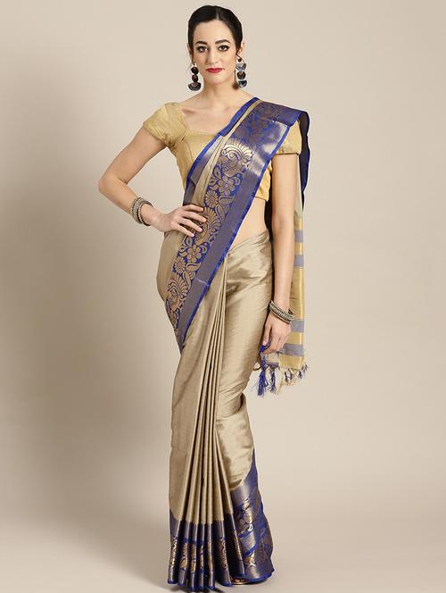 women's bordered beige colored saree with blouse - 17517877 - Standard Image - 0