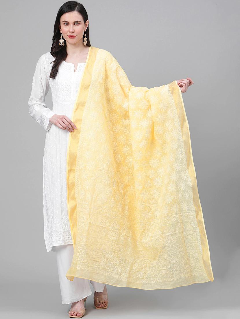 ada hand-embroidered yellow chikankari dupatta - 17518118 - Zoom Image - 0