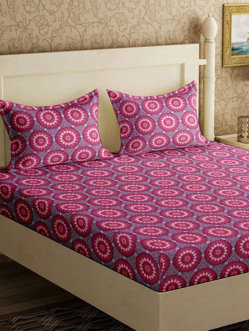 bella casa pixel double bedsheet set queen size 110 tc cotton purple colour