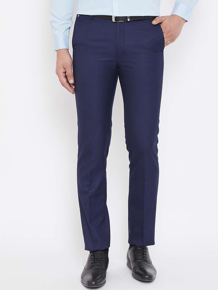 navy blue textured flat front formal trouser - 17521034 -  Zoom Image - 0