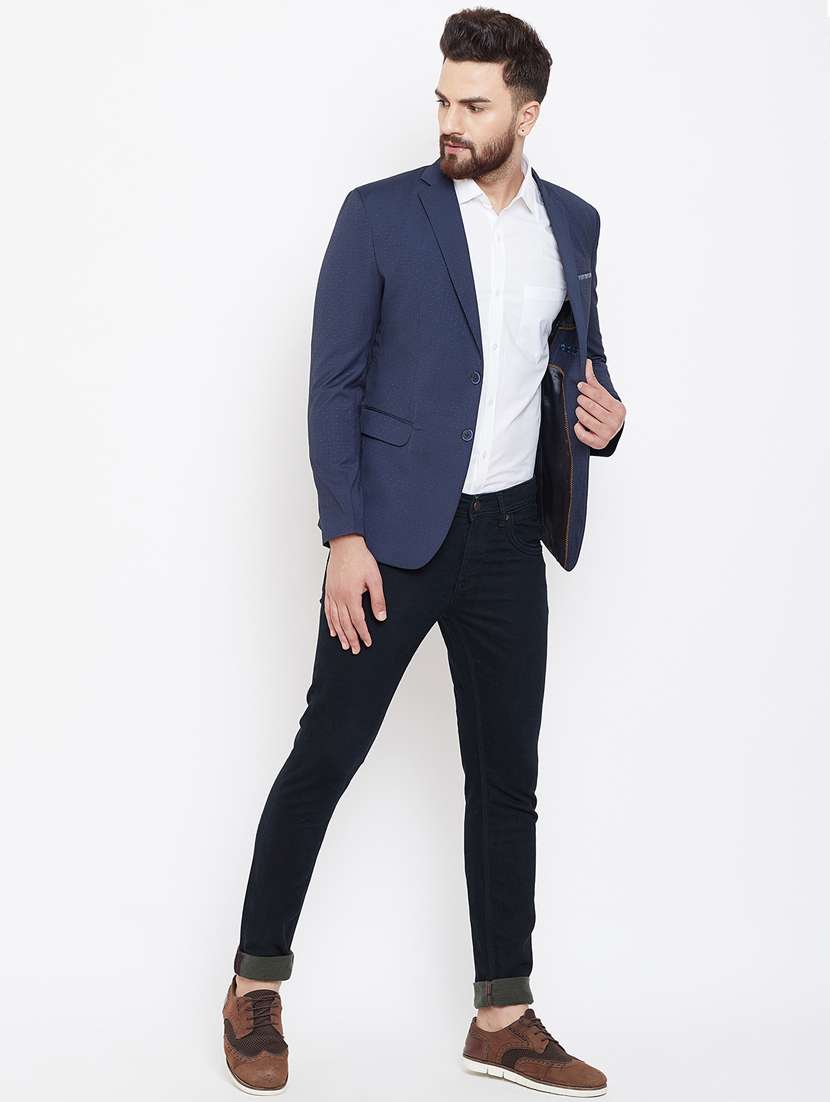 navy blue self design single breasted casual blazer - 17521042 -  Standard Image - 3