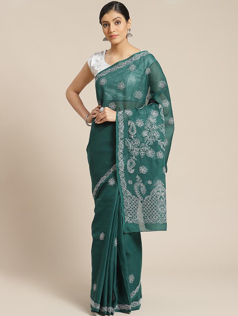 teal chikankari saree with blouse - 17522314 -  Zoom Image - 0