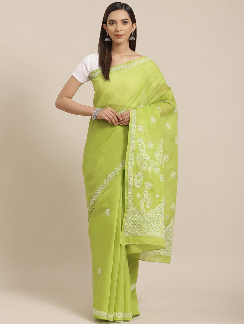 lime green chikankari saree with blouse - 17522322 -  Zoom Image - 0