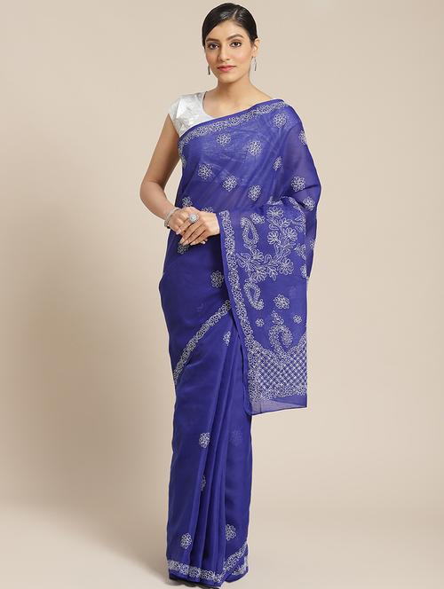 floral motifs chikankari saree with blouse - 17522323 - Standard Image - 0