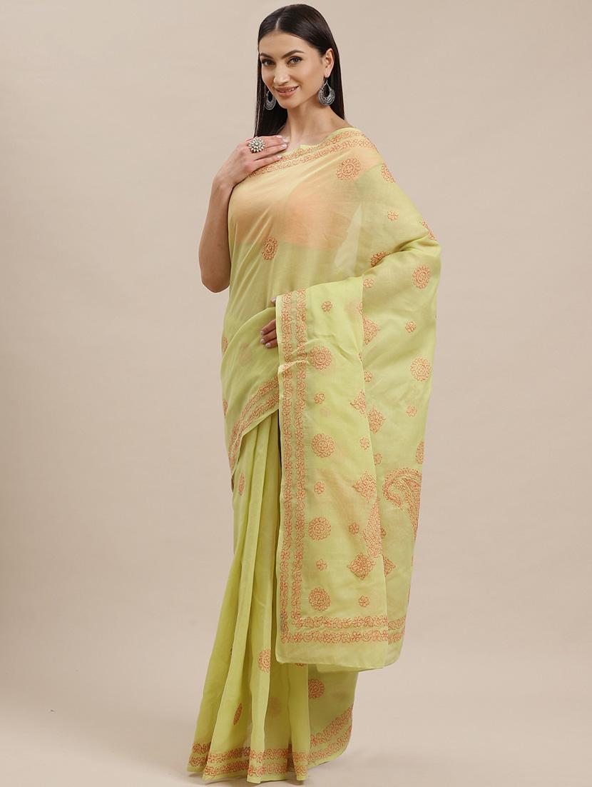 floral motifs chikankari saree with blouse - 17522324 - Zoom Image - 0