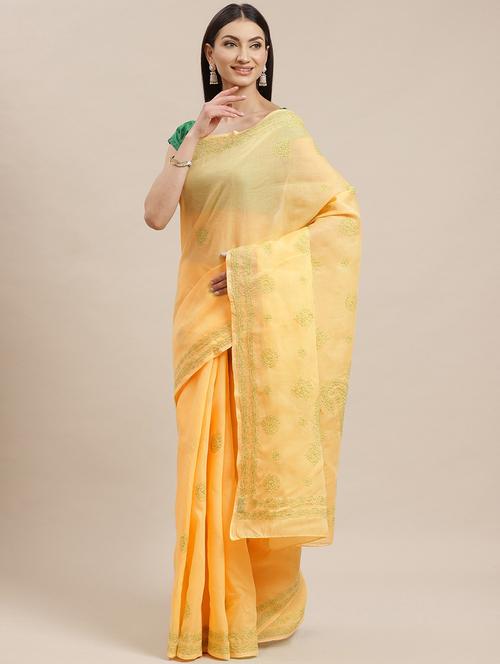 mustard chikankari saree with blouse - 17522325 - Standard Image - 0