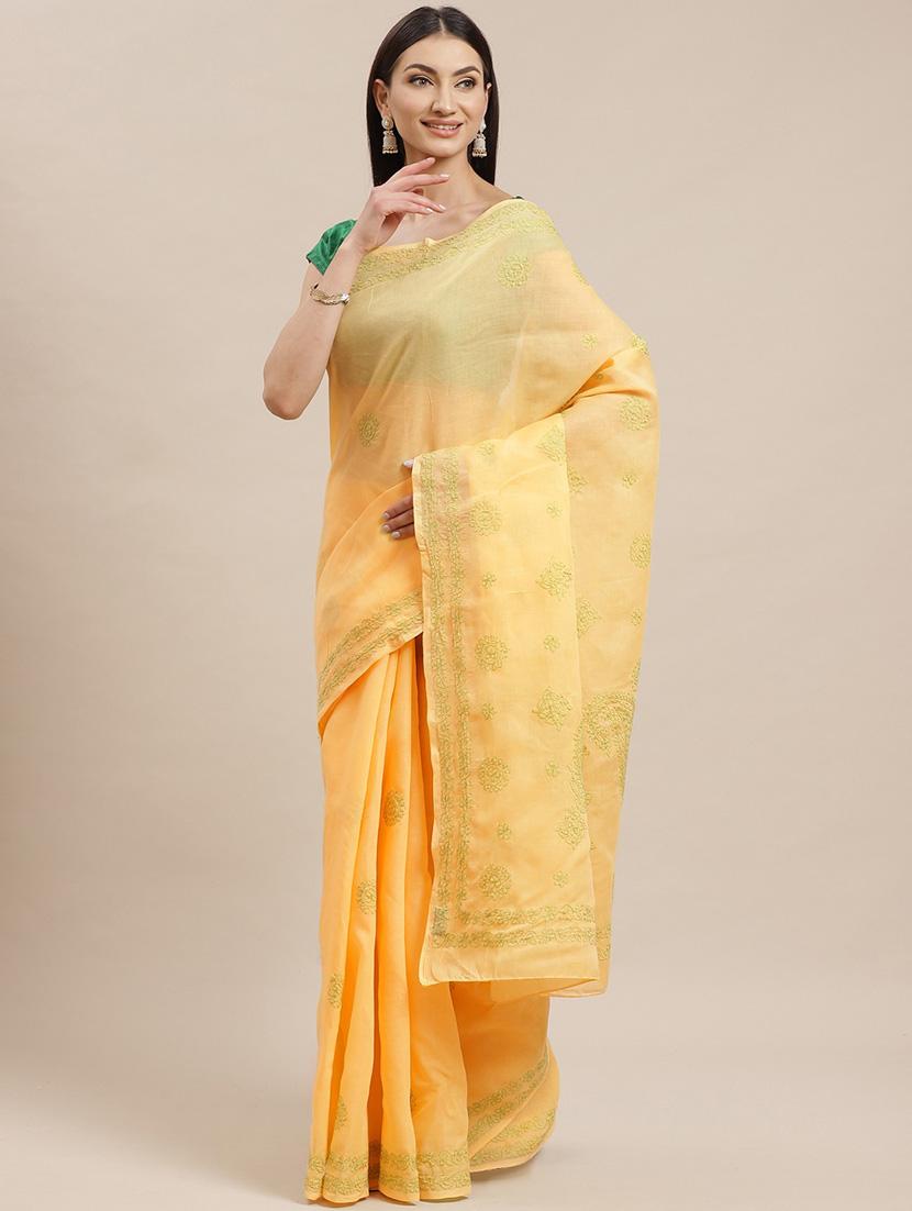 mustard chikankari saree with blouse - 17522325 - Zoom Image - 0