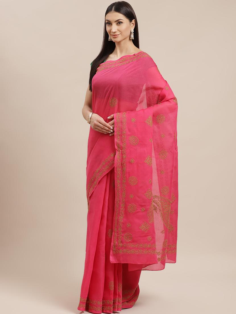 floral motifs chikankari saree with blouse - 17522327 - Zoom Image - 0