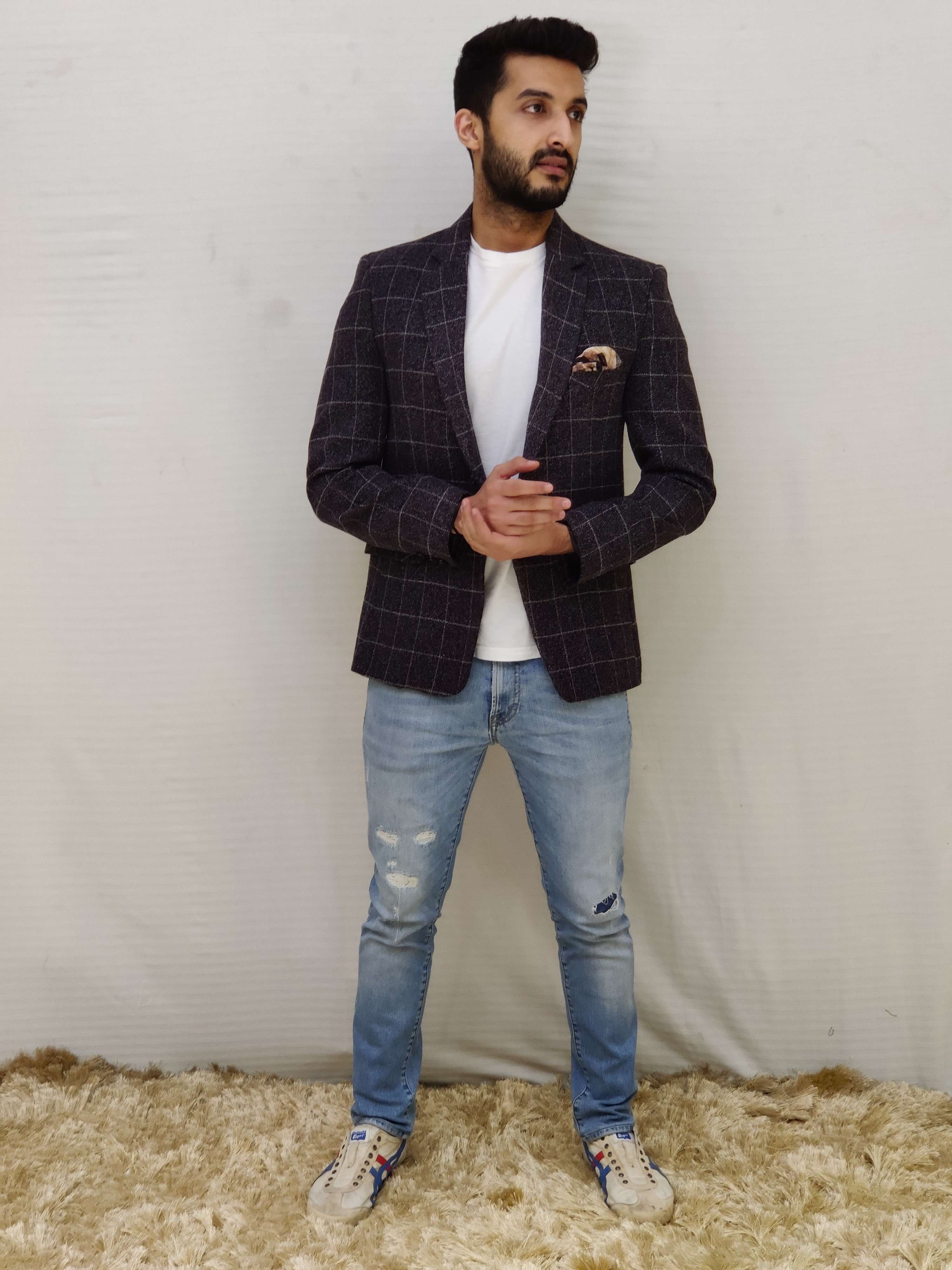 grey checks casual blazer