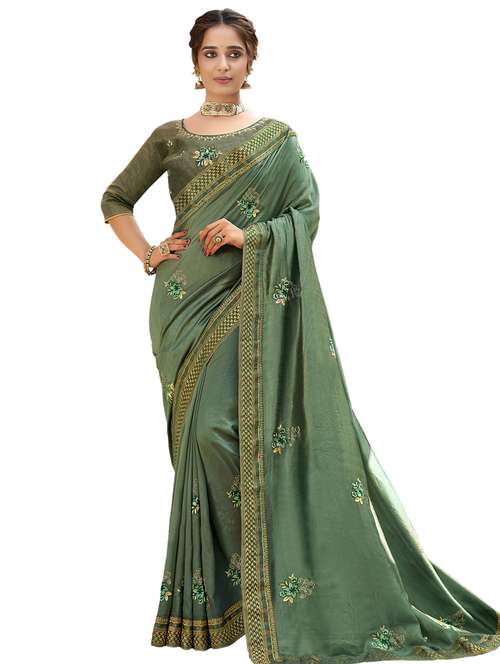 lace detail embroidered saree - 17527960 - Standard Image - 0
