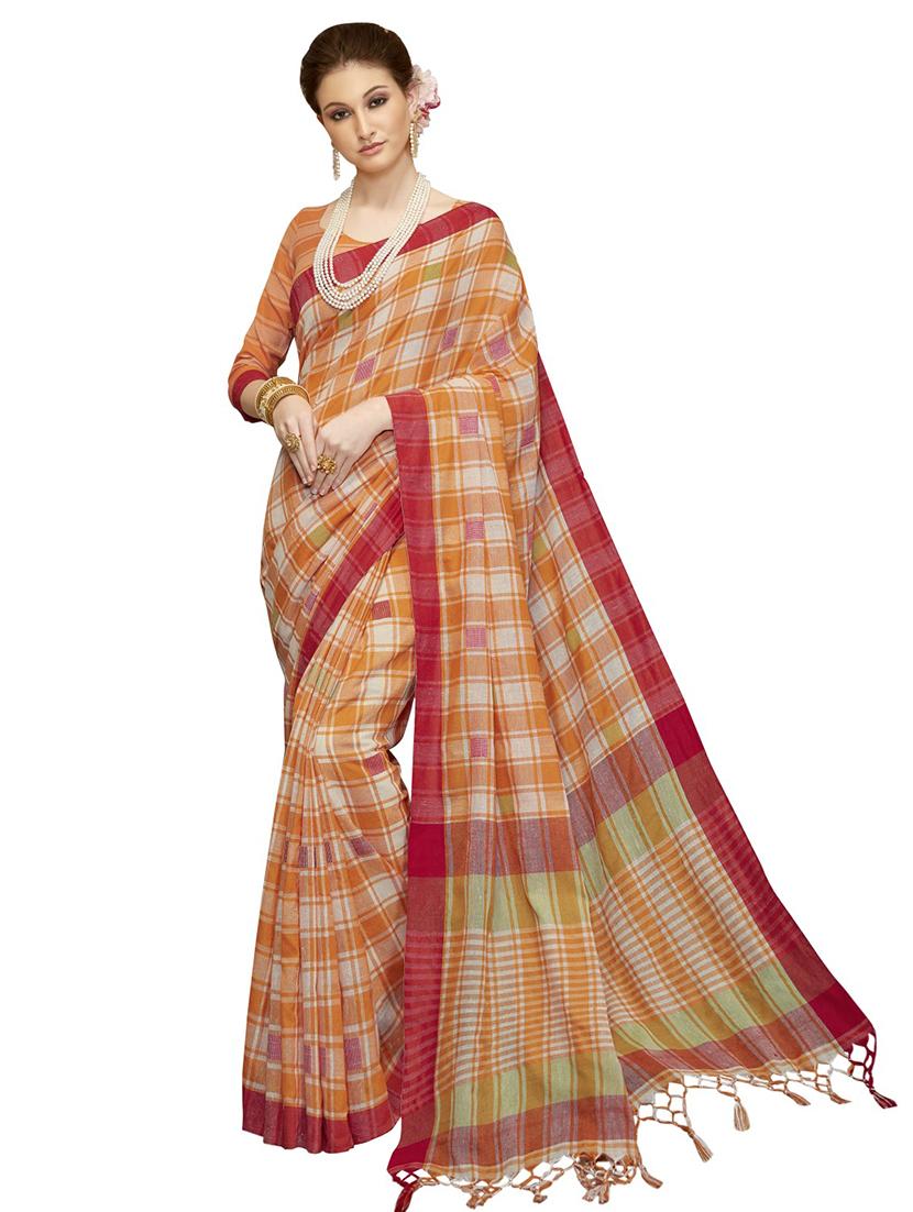 orange checkered saree - 17528002 - Zoom Image - 0