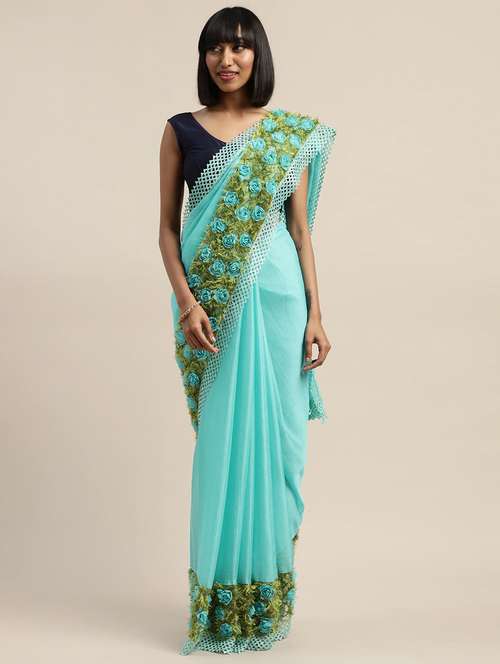 women's bordered turquoise colored saree - 17528603 -  Standard Image - 0
