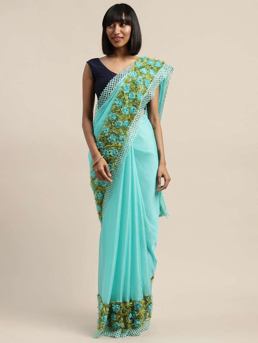 women's bordered turquoise colored saree - 17528603 -  Zoom Image - 0