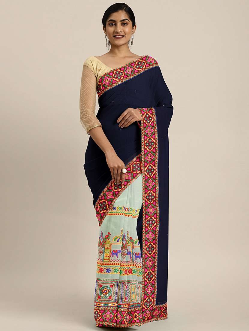 navy georgette half and half saree with blouse - 17528611 - Zoom Image - 0