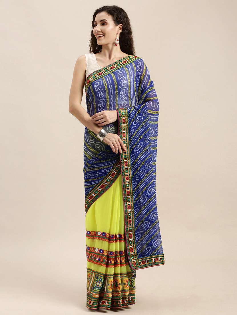 women's bandhani navy blue colored saree with blouse - 17528621 -  Zoom Image - 0