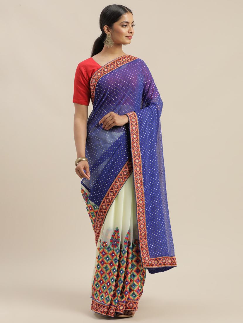 solid embroidered saree with blouse - 17528626 - Zoom Image - 0