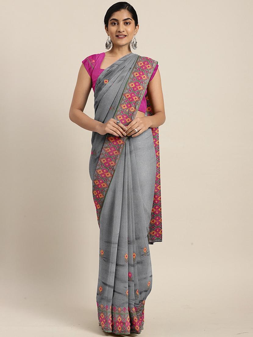 embroidered bordered saree with blouse - 17528647 -  Zoom Image - 0