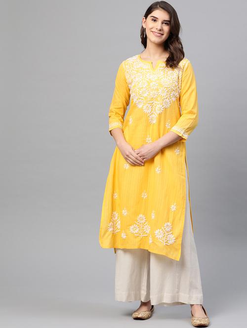 ada hand-embroidered yellow cotton straight kurta - 17529409 -  Standard Image - 0