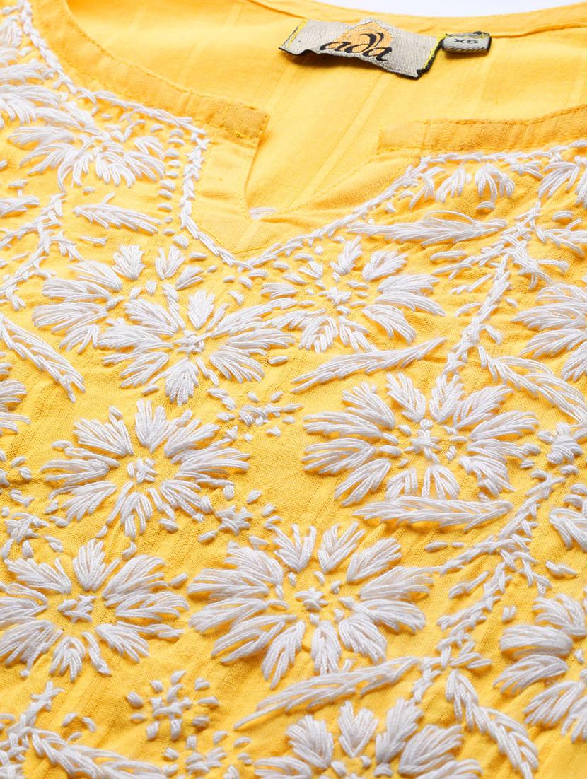 ada hand-embroidered yellow cotton straight kurta - 17529409 - Standard Image - 3