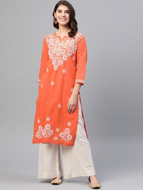 ada hand-embroidered coral orange  cotton straight kurta - 17529410 -  Standard Image - 0