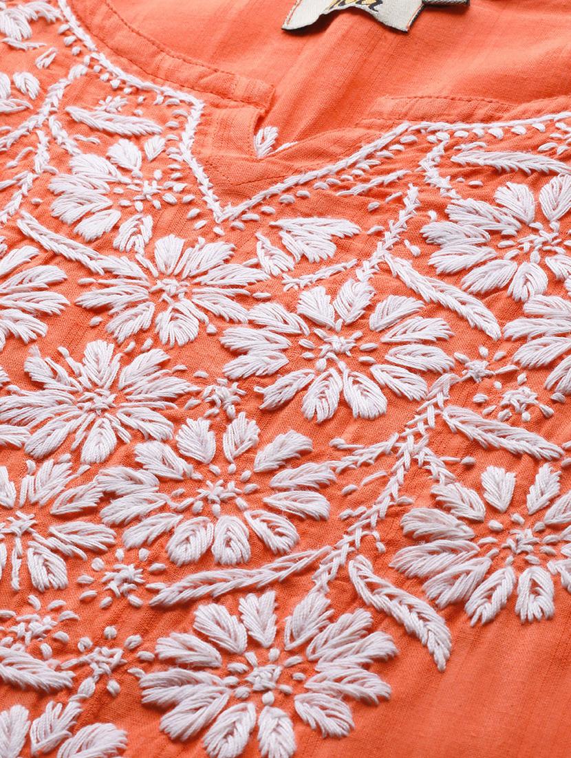 ada hand-embroidered coral orange cotton straight kurta - 17529410 - Standard Image - 3