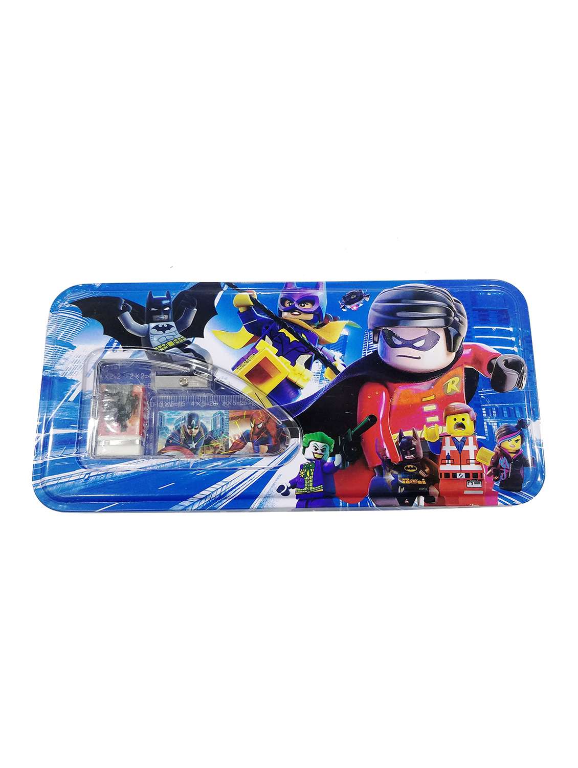 blue plastic & steel geometry box stationery