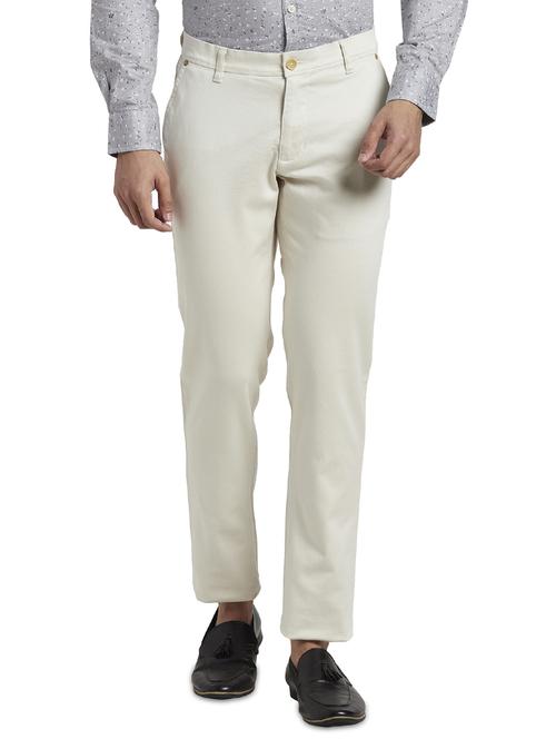 cream solid flat front casual trouser - 17535443 -  Standard Image - 0