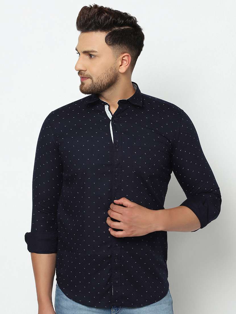 navy blue self design casual shirt