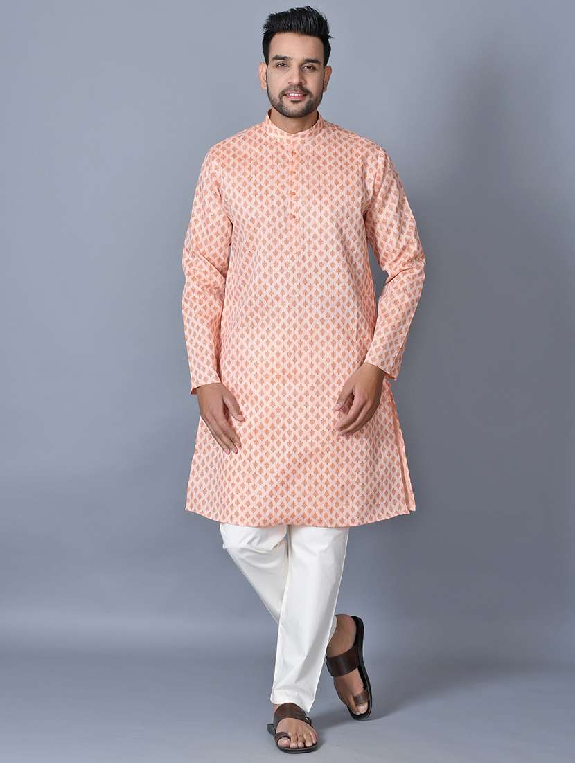 orange printed kurta pajama ethnic wear set