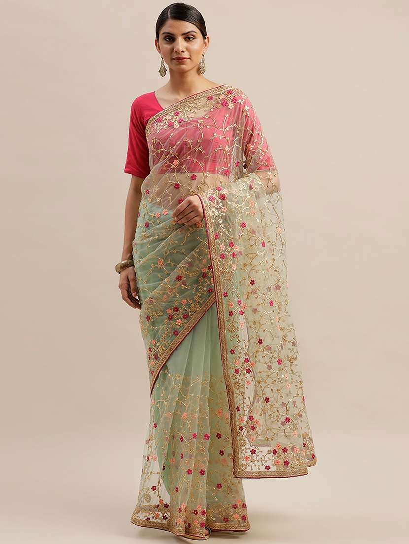 lace bordered embroidered net saree with blouse - 17541330 -  Zoom Image - 0