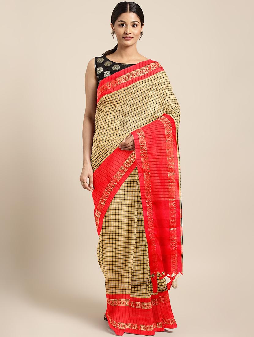 check printed saree with blouse - 17541368 - Zoom Image - 0