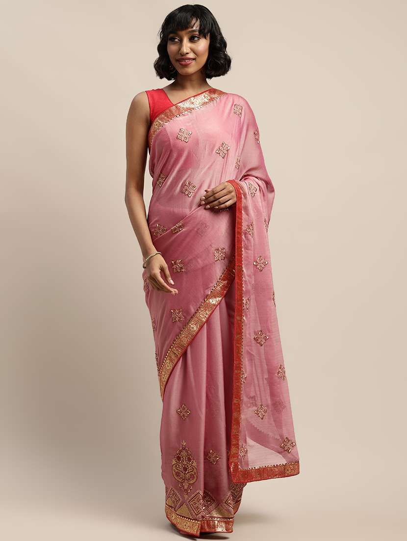 lace bordered embroidered saree with blouse - 17541406 - Zoom Image - 0