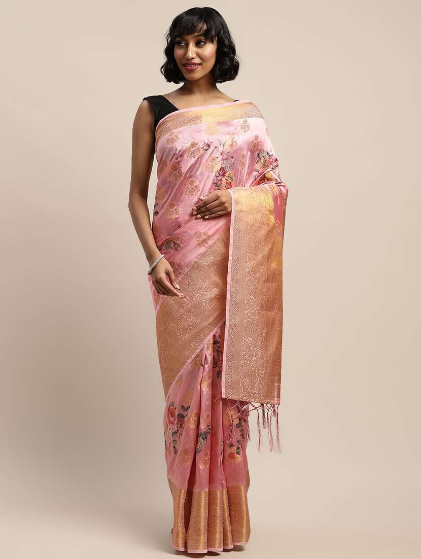 women's self design pink colored saree with blouse