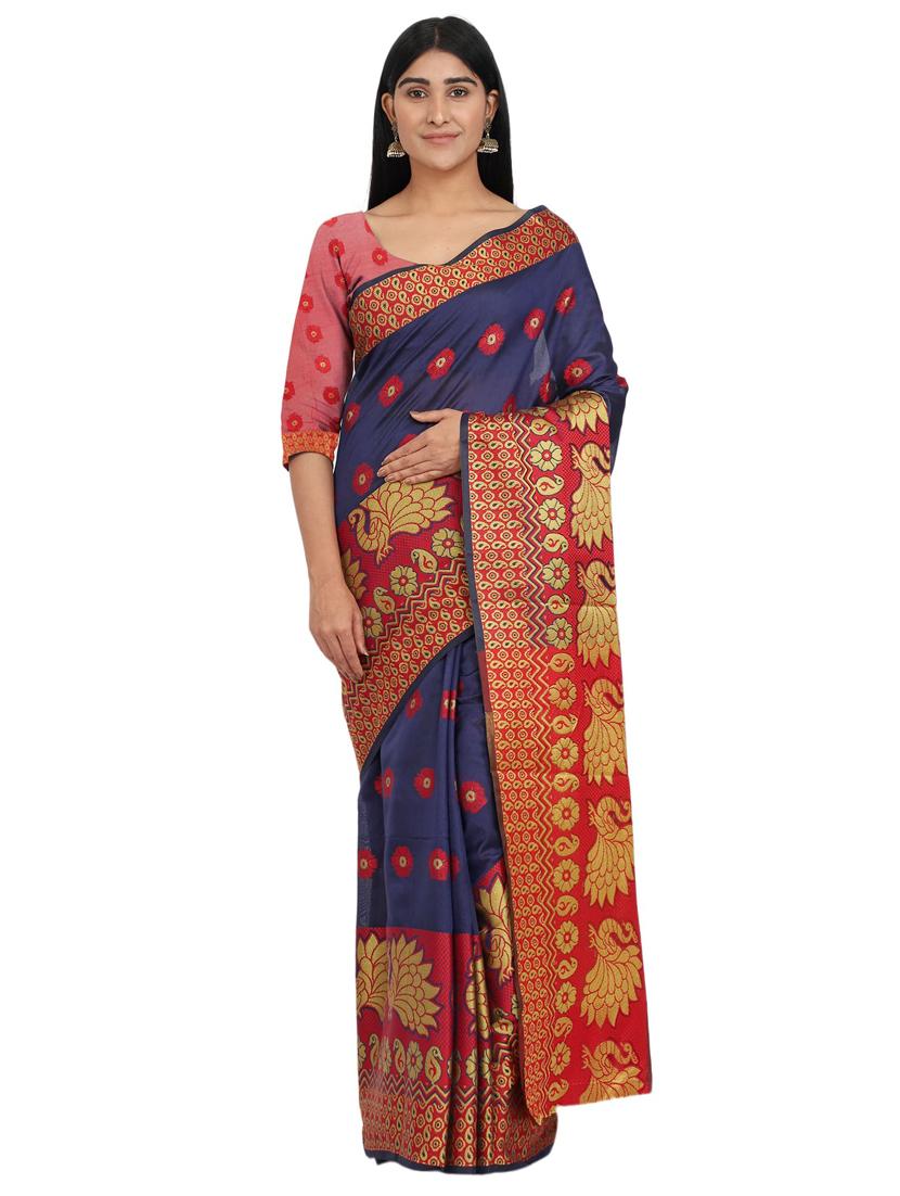 navy cotton blend banarasi saree with blouse - 17545827 - Zoom Image - 0