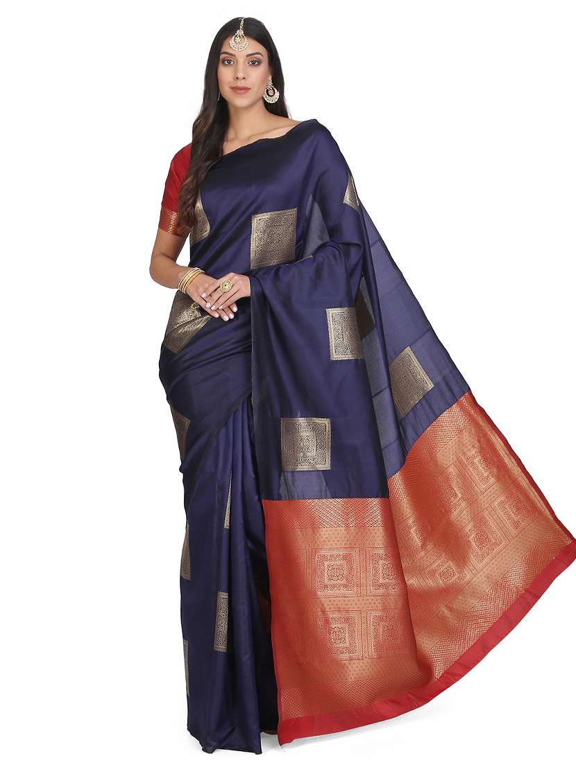 navy cotton silk banarasi saree with blouse - 17547446 - Zoom Image - 0