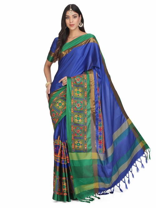 navy cotton silk embroidered saree with blouse - 17547461 -  Standard Image - 0