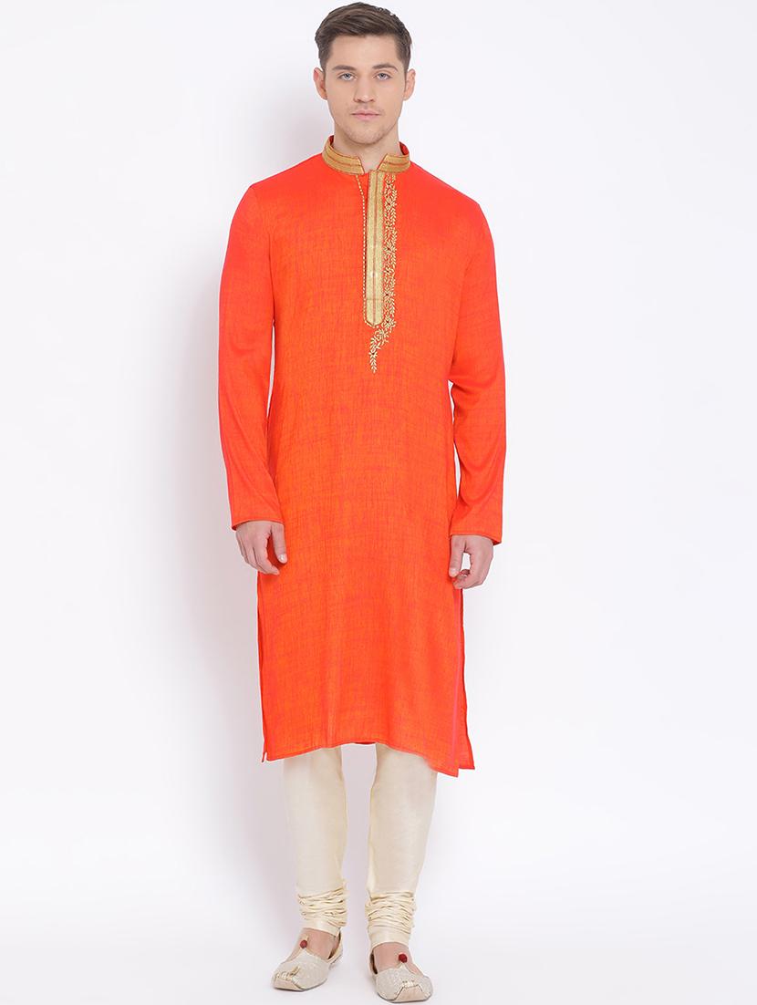 orange solid long kurta with embroidered neckline - 17547652 - Zoom Image - 0