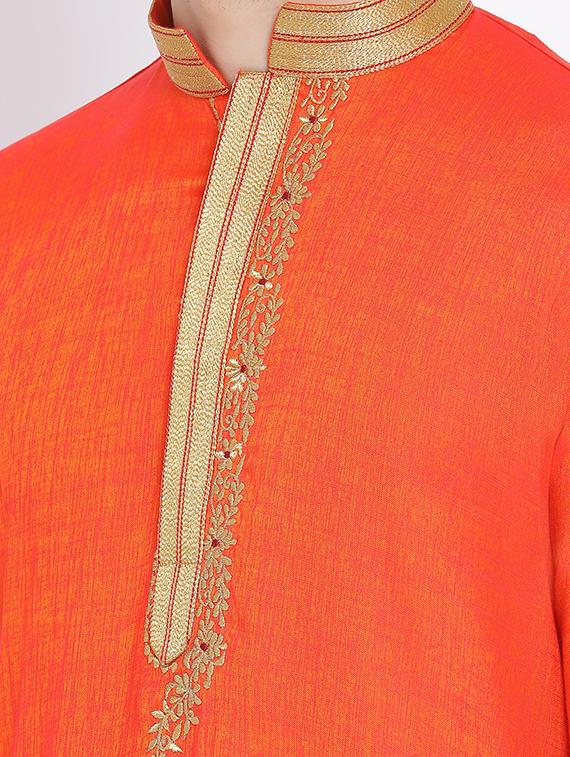 orange solid long kurta with embroidered neckline - 17547652 - Standard Image - 3