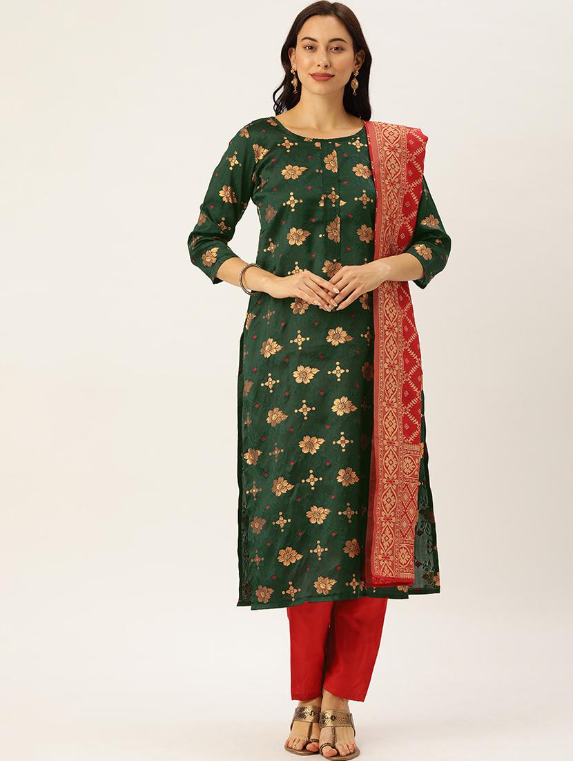 green silk unstitched suit - 17548842 -  Zoom Image - 0
