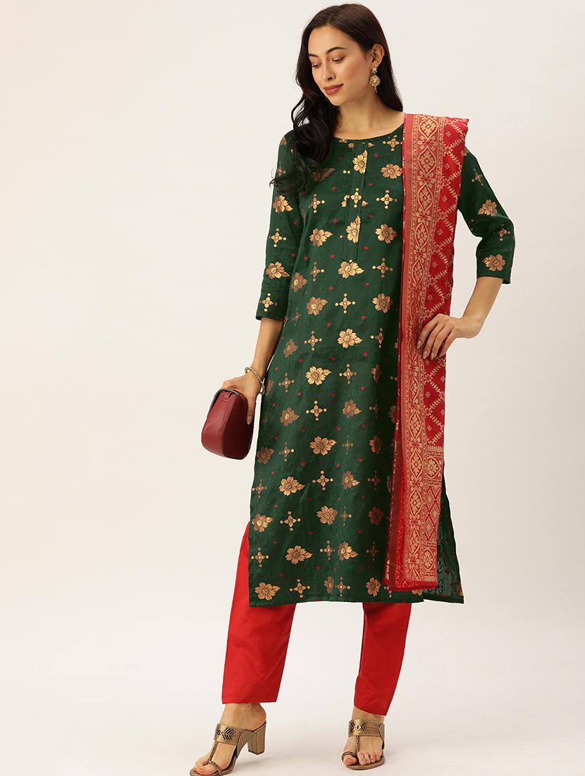 green silk unstitched suit - 17548842 - Standard Image - 3