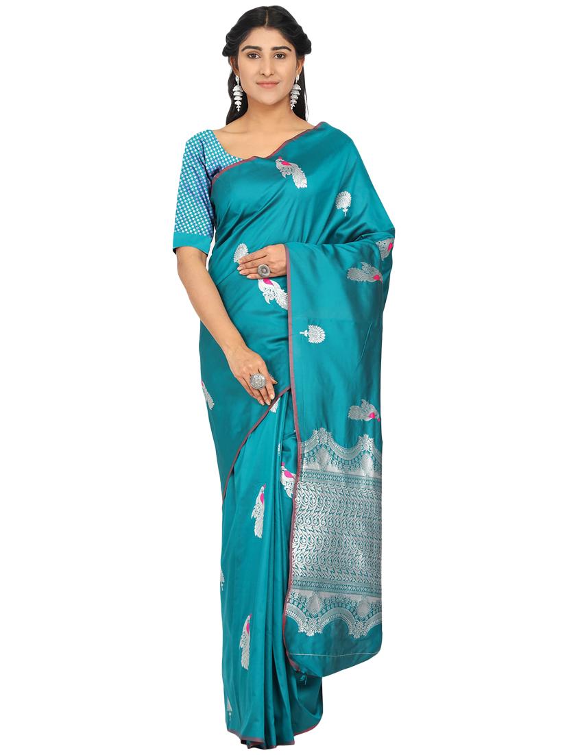 turquoise silk blend banarasi saree with blouse - 17553895 - Zoom Image - 0