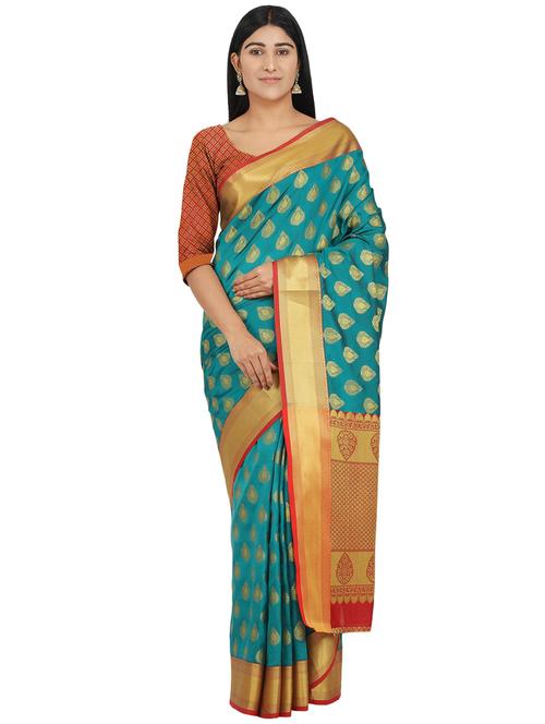 turquoise silk blend banarasi saree with blouse - 17553912 - Standard Image - 0