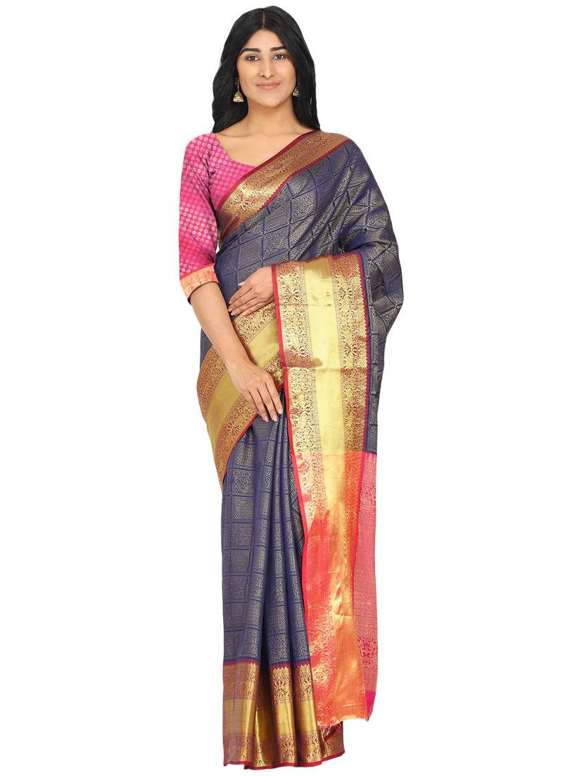 navy silk blend banarasi saree with blouse - 17553929 - Zoom Image - 0