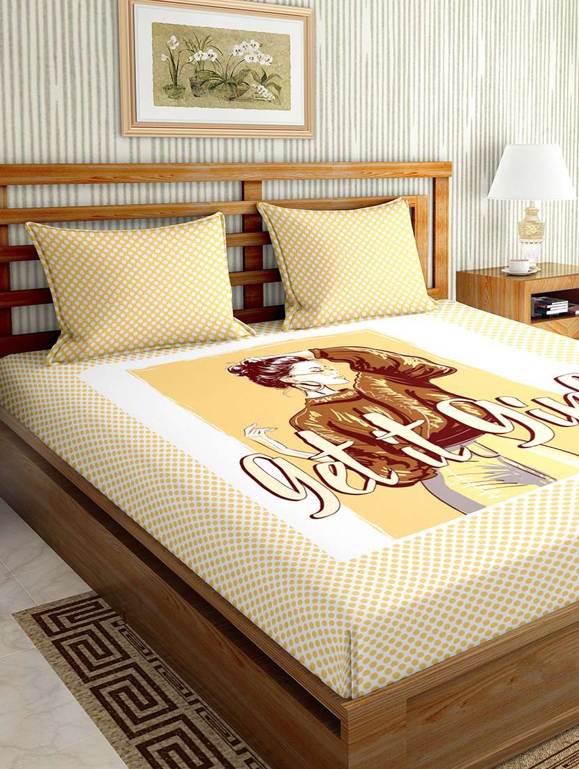 mysterious double bedsheet set king size 180 tc cotton yellow colour