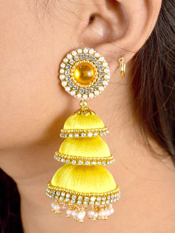 yellow cotton blend jhumka earring - 17557664 - Zoom Image - 0